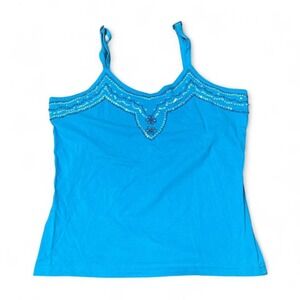Blue sequin and beaded tank top with adjustable straps